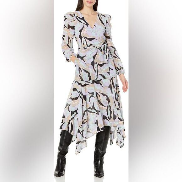 NWT Calvin Klein Women's Faux Wrap Puff Sleeve Midi Dress in Black Opal Print - Picture 2 of 9